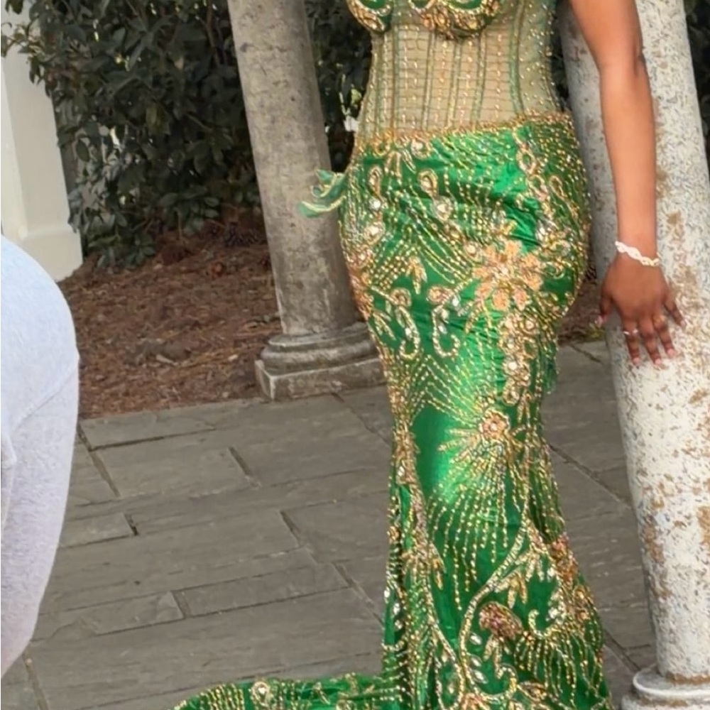 Beaded Green Mermaid Prom Dress with Gold Embellishment